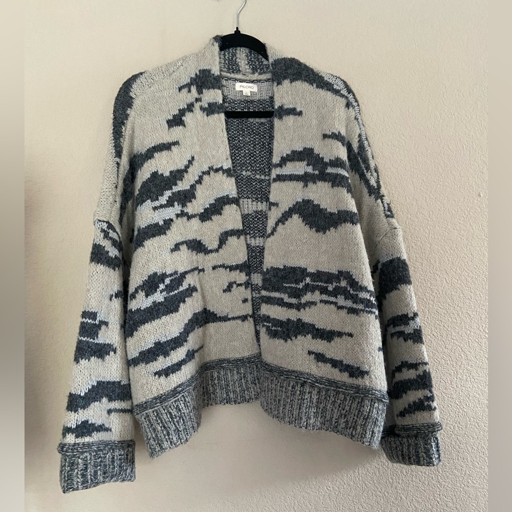 Anthropologie Pilcro Wool Animal-Print Cardigan taupe gray zebra Sz XL Sweater